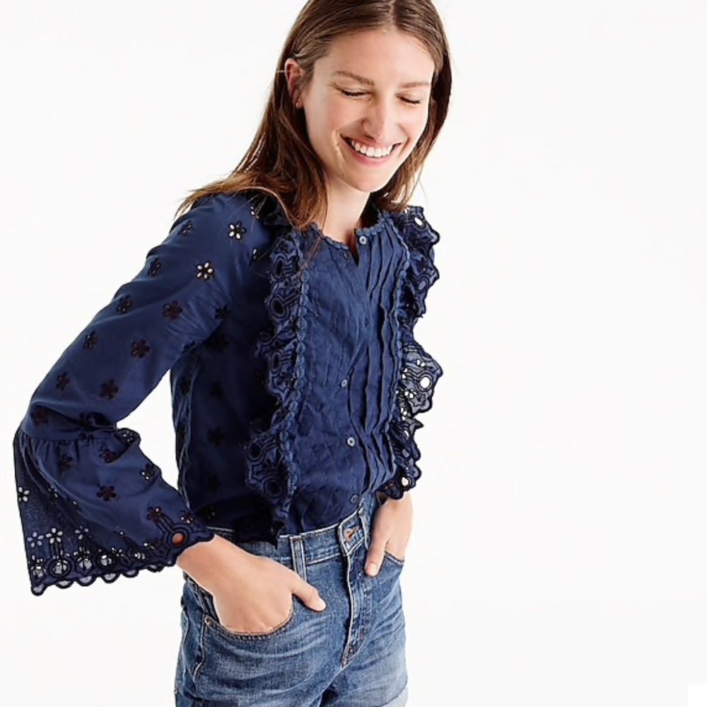J. Crew Floral Eyelet Top Navy Size 8